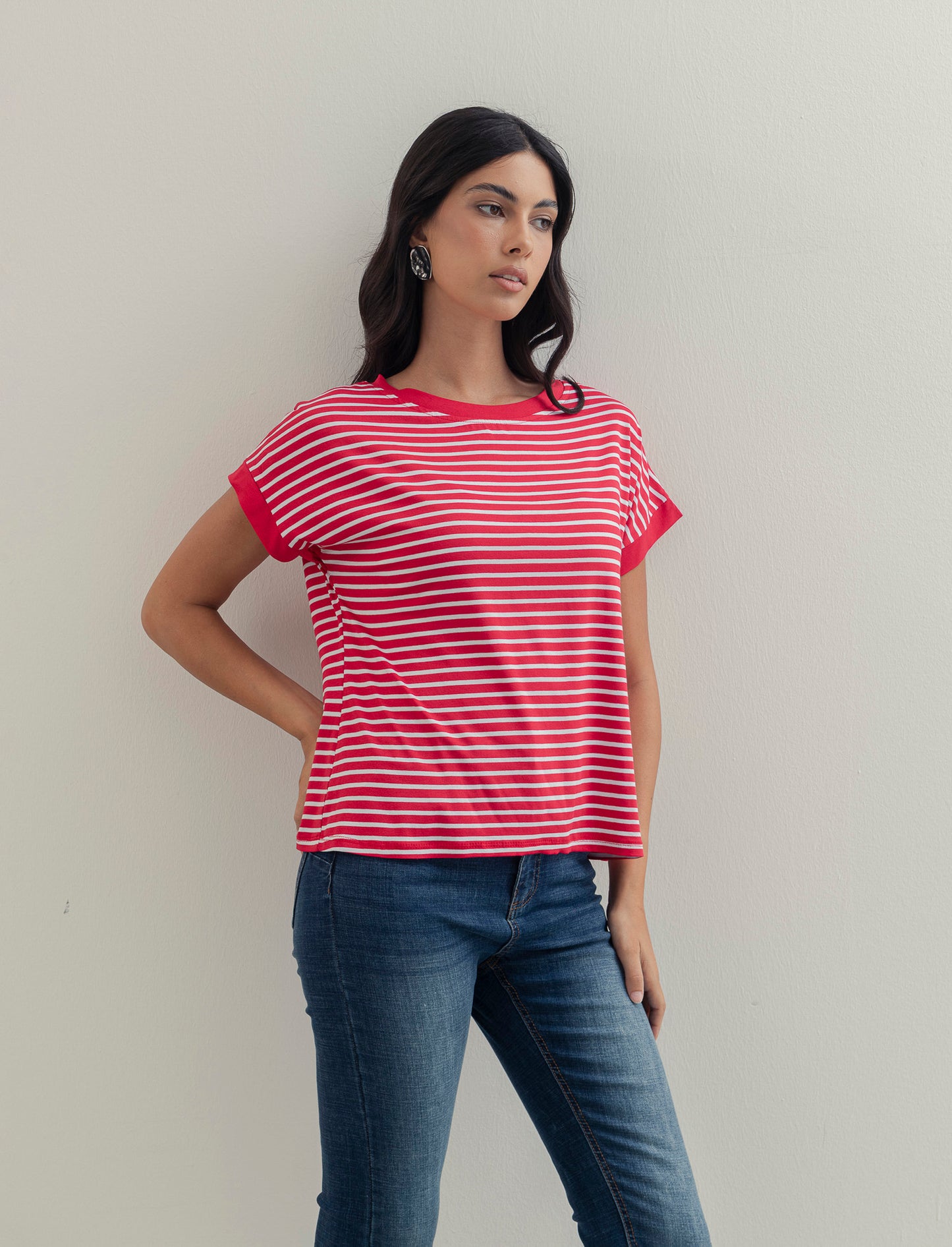 tshirt in viscosa rigata - Rosso-bianco