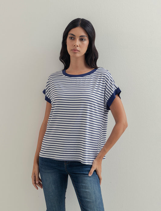 tshirt in viscosa rigata - Bianco-blu