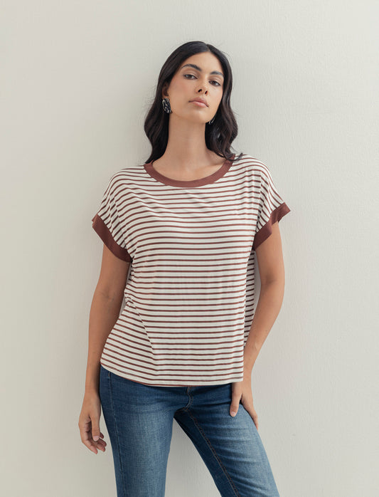 tshirt in viscosa rigata - Beige