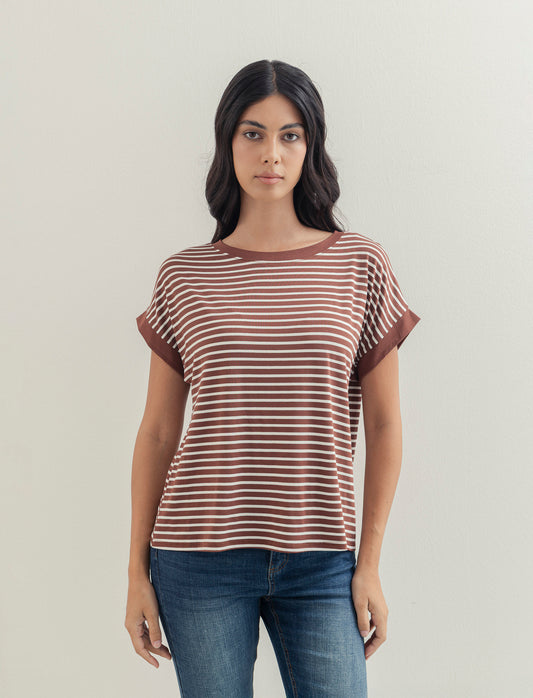 tshirt in viscosa rigata - Marrone