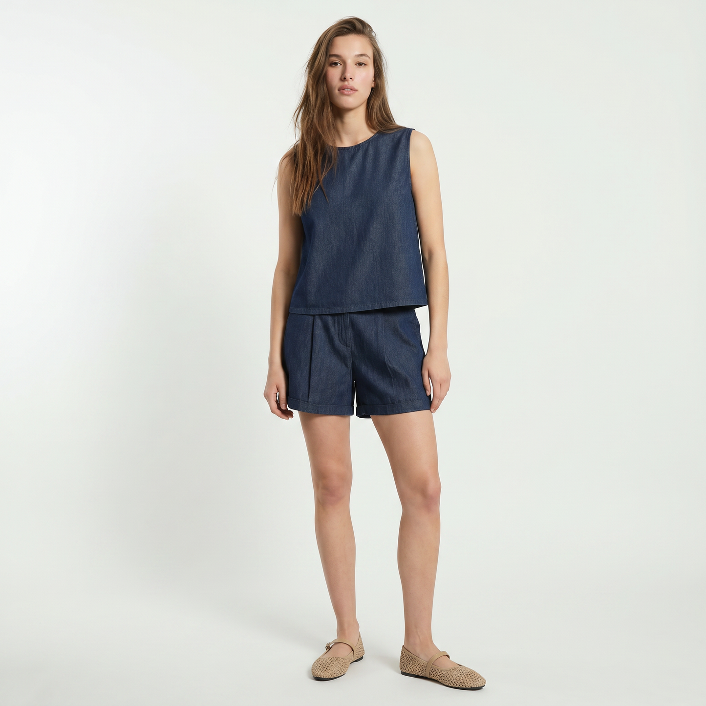 Short Chambray con Pinces e Risvolto - DENIM SCURO