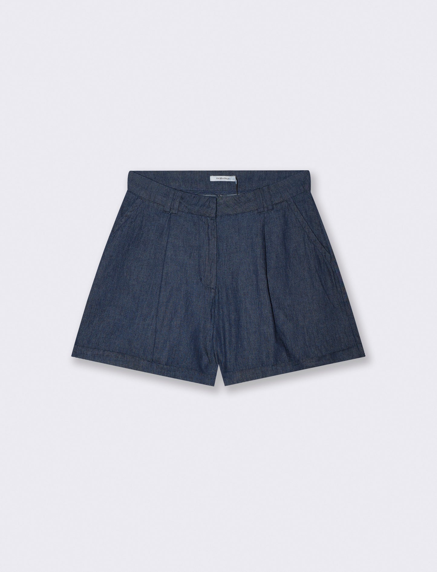 Short Chambray con Pinces e Risvolto - DENIM SCURO