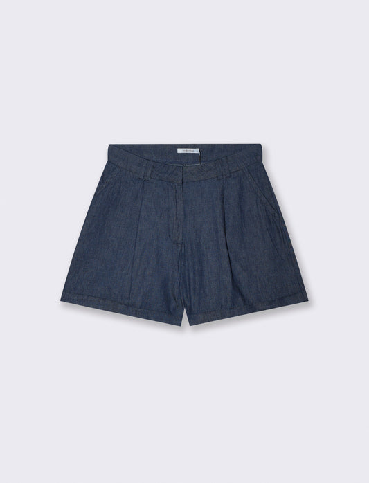 Short Chambray with Pleats and Cuffs - Blue