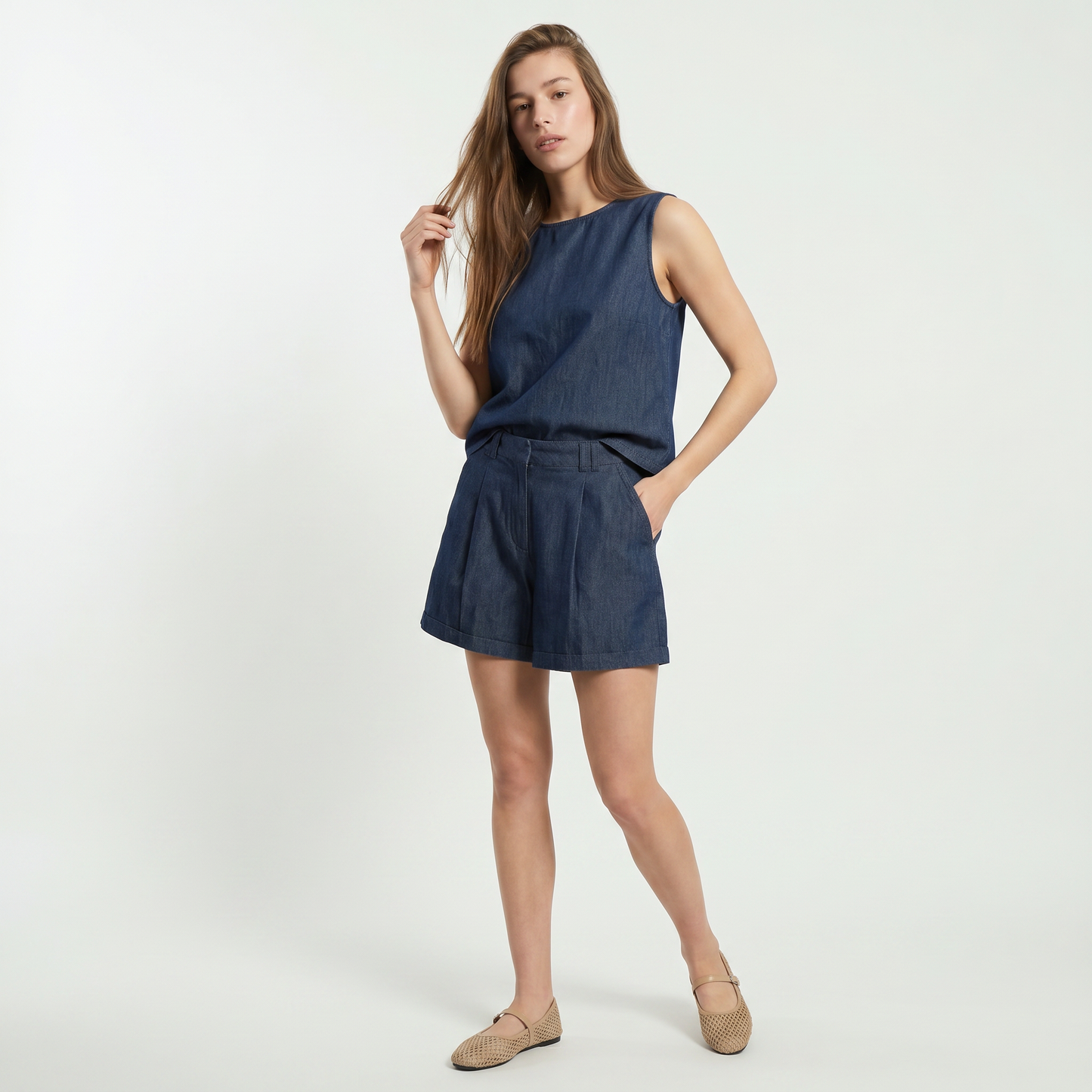 Sleeveless Blouse with Back Closure - Blue