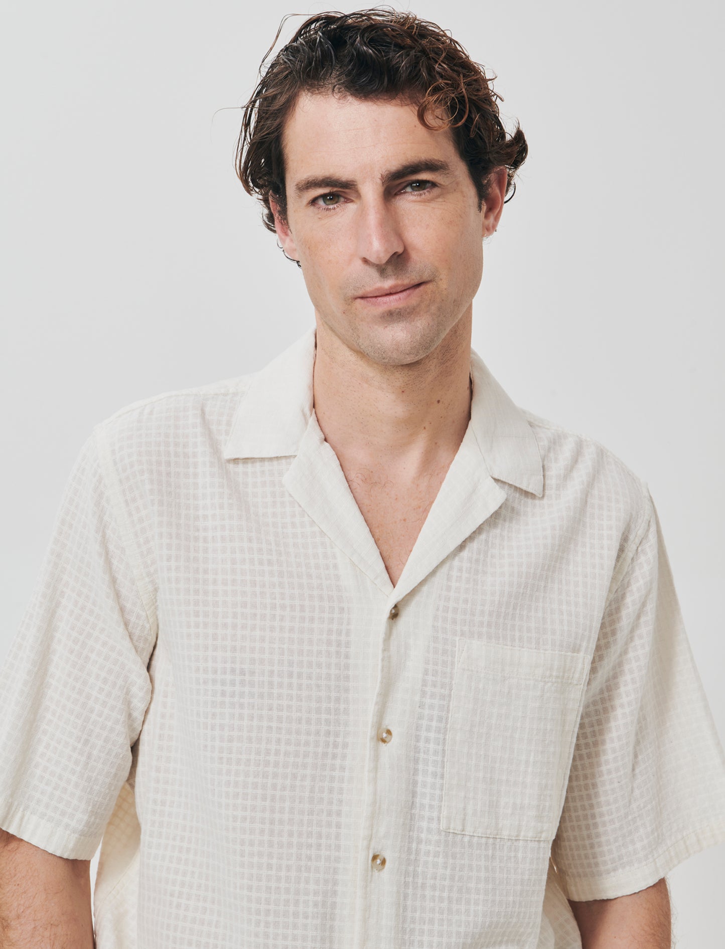 Boxy fit checkered cotton shirt - Beige