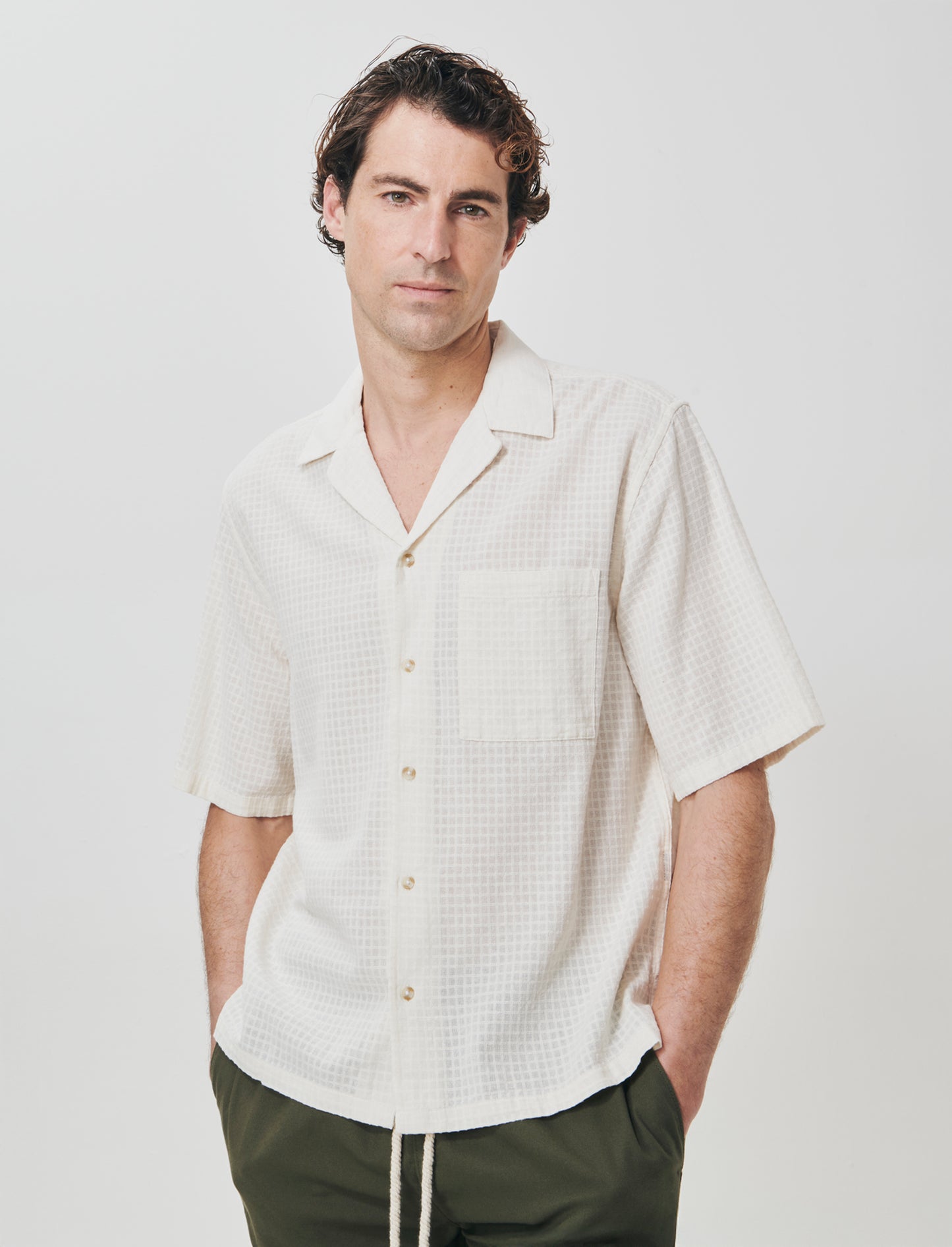 Boxy fit checkered cotton shirt - Beige