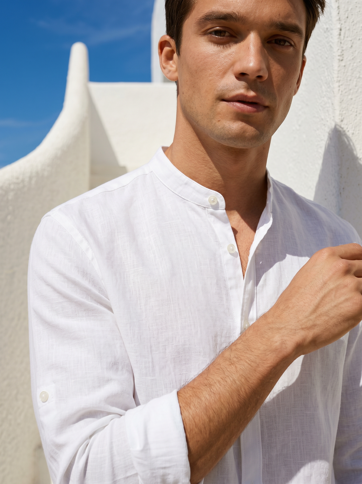 Camicia coreana in puro lino leggero - Bianco