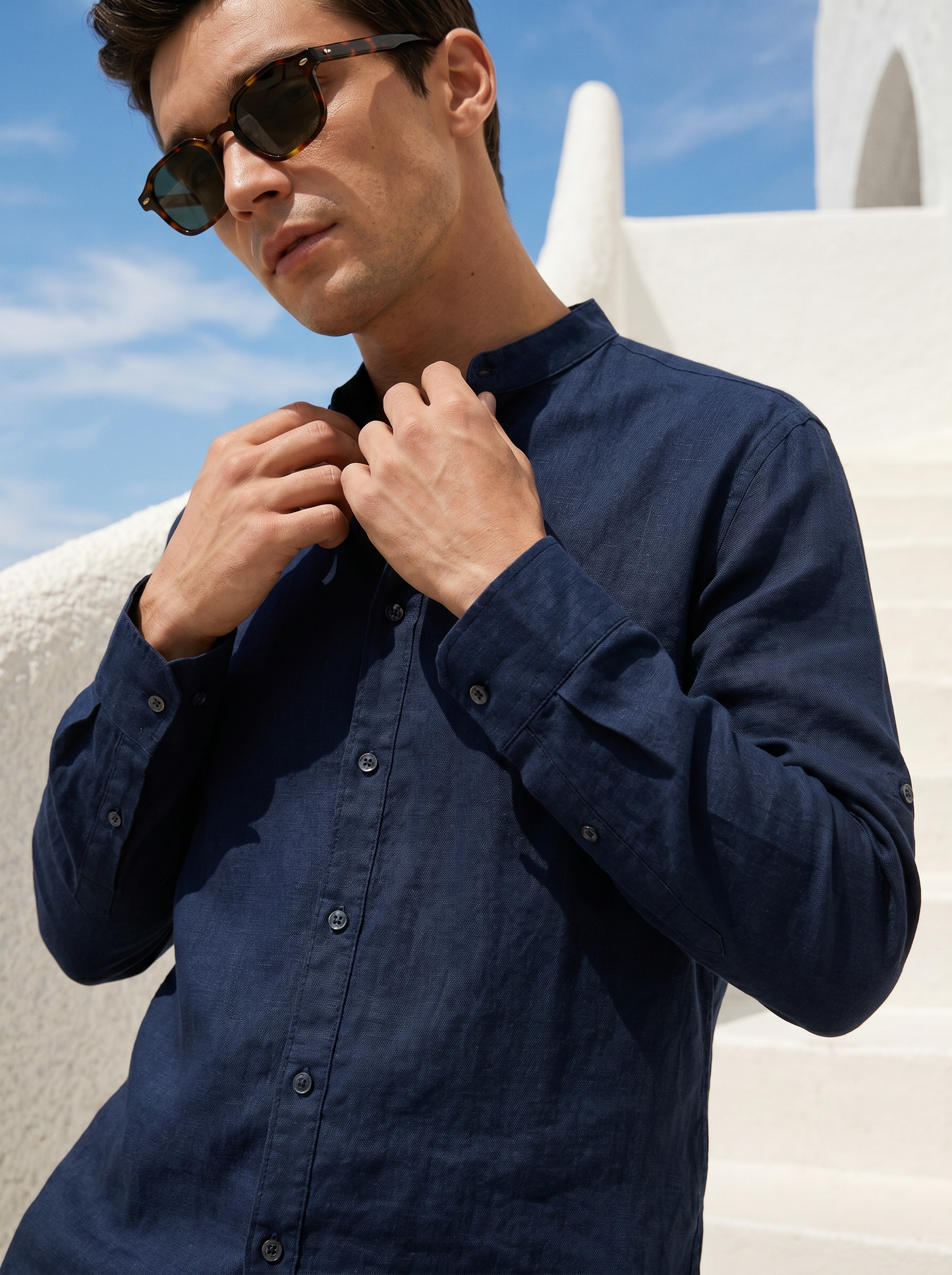 Camicia coreana in puro lino leggero - Blu
