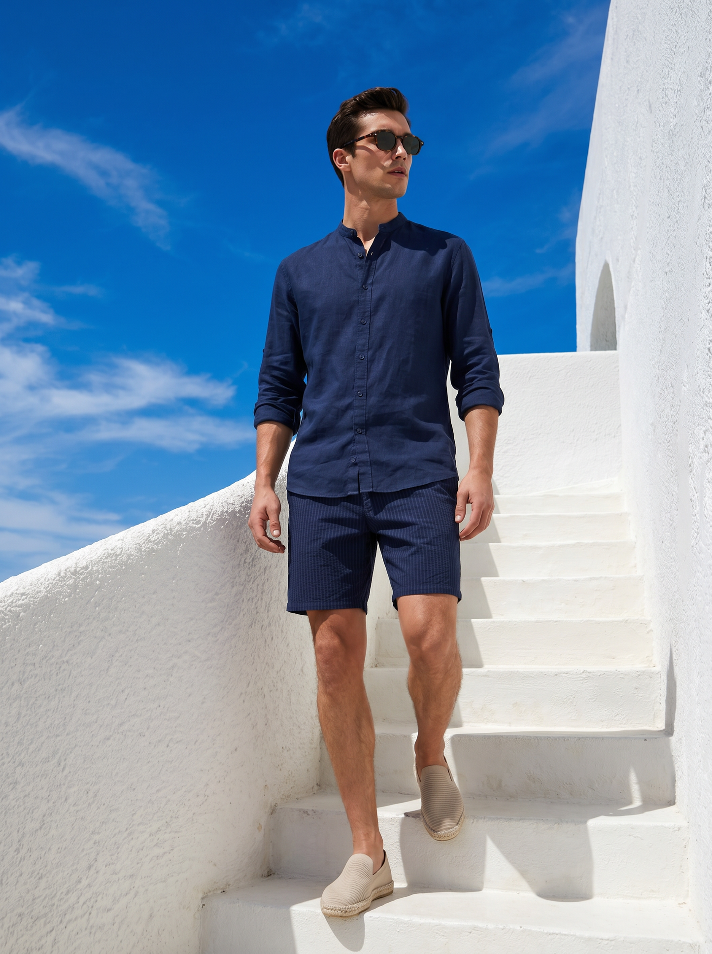 Camicia coreana in puro lino leggero - Blu