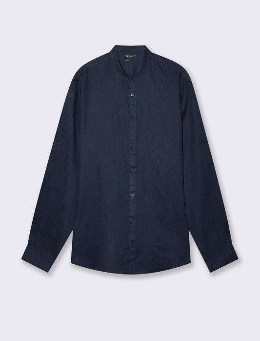 Camicia coreana in puro lino leggero - Blu