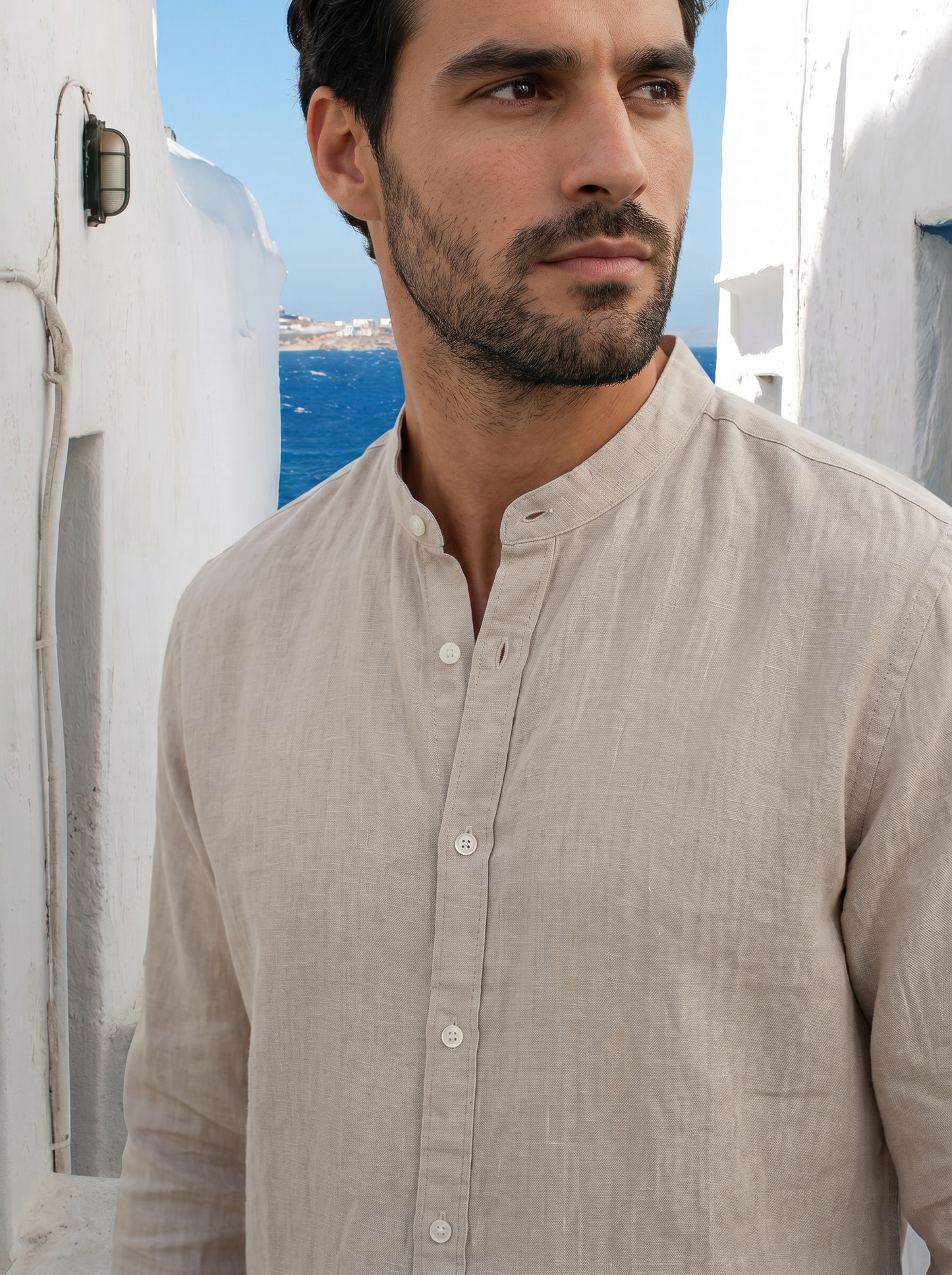 Camicia coreana in puro lino leggero - Sabbia