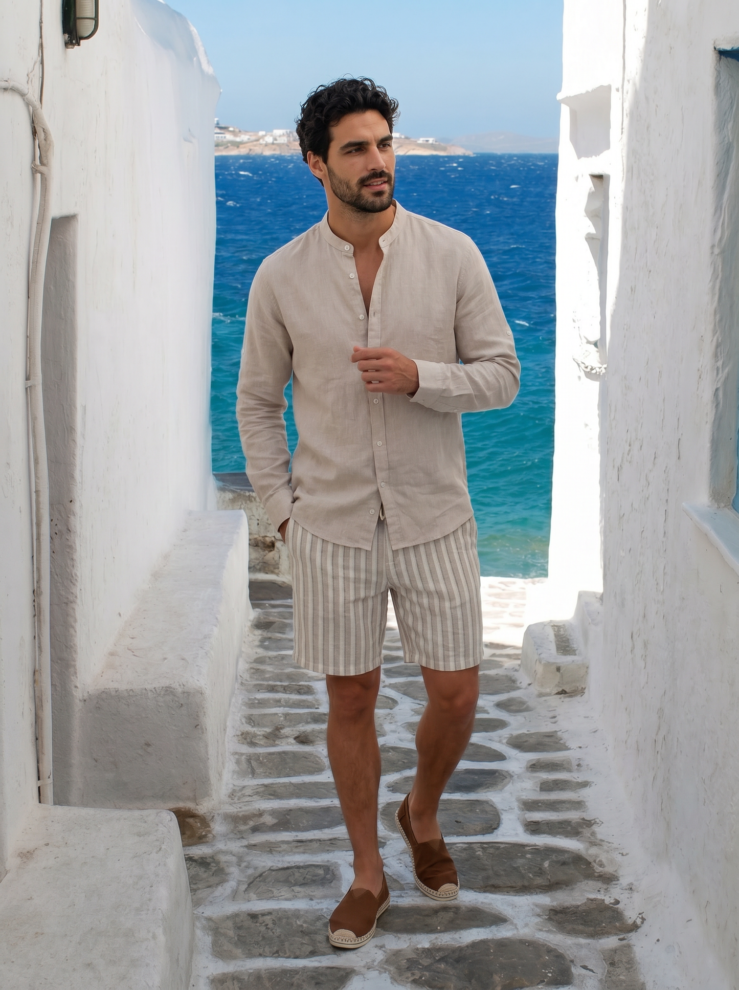Camicia coreana in puro lino leggero - Sabbia