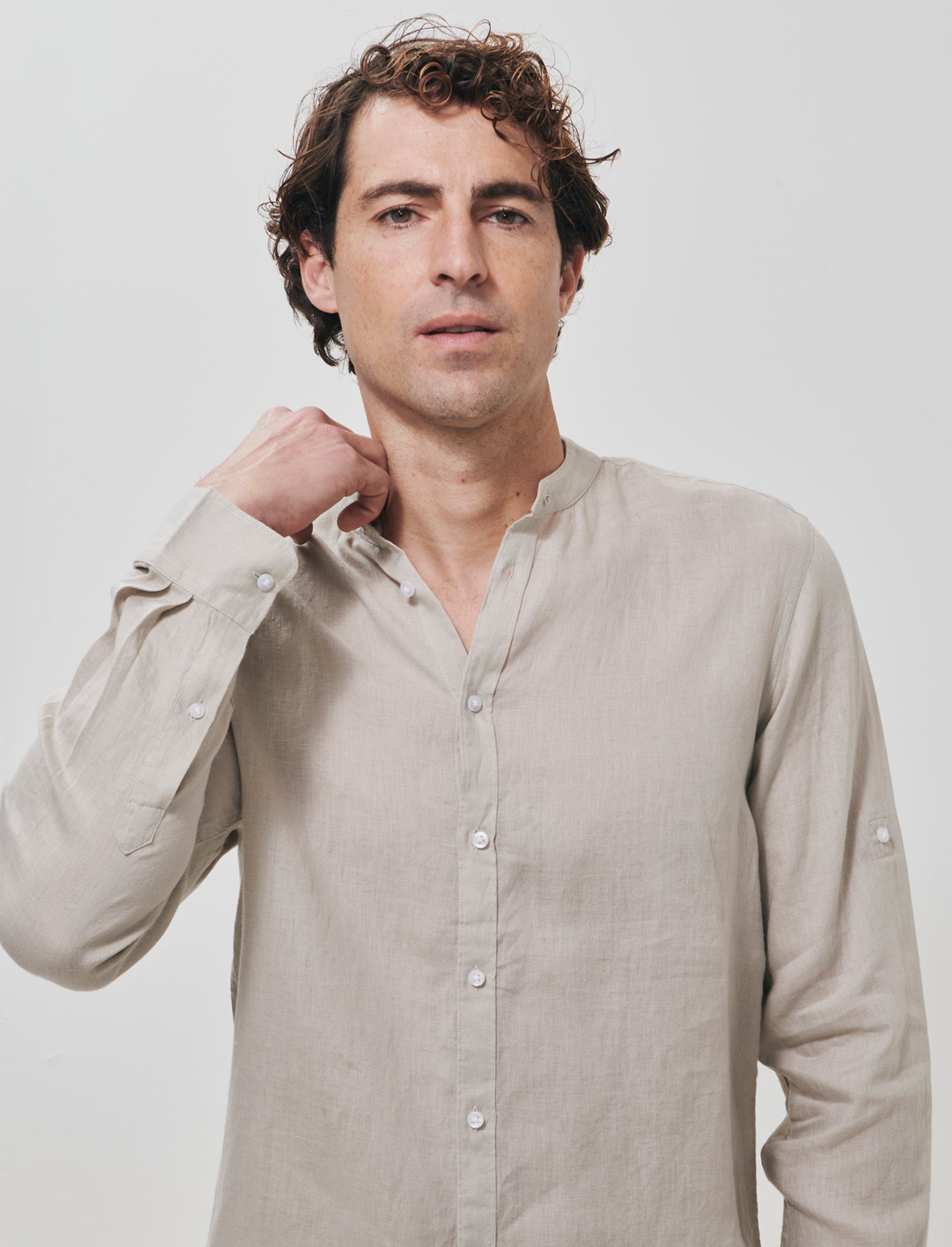 Camicia coreana in puro lino leggero - Sabbia