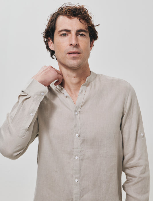 Camicia coreana in puro lino leggero - Sabbia