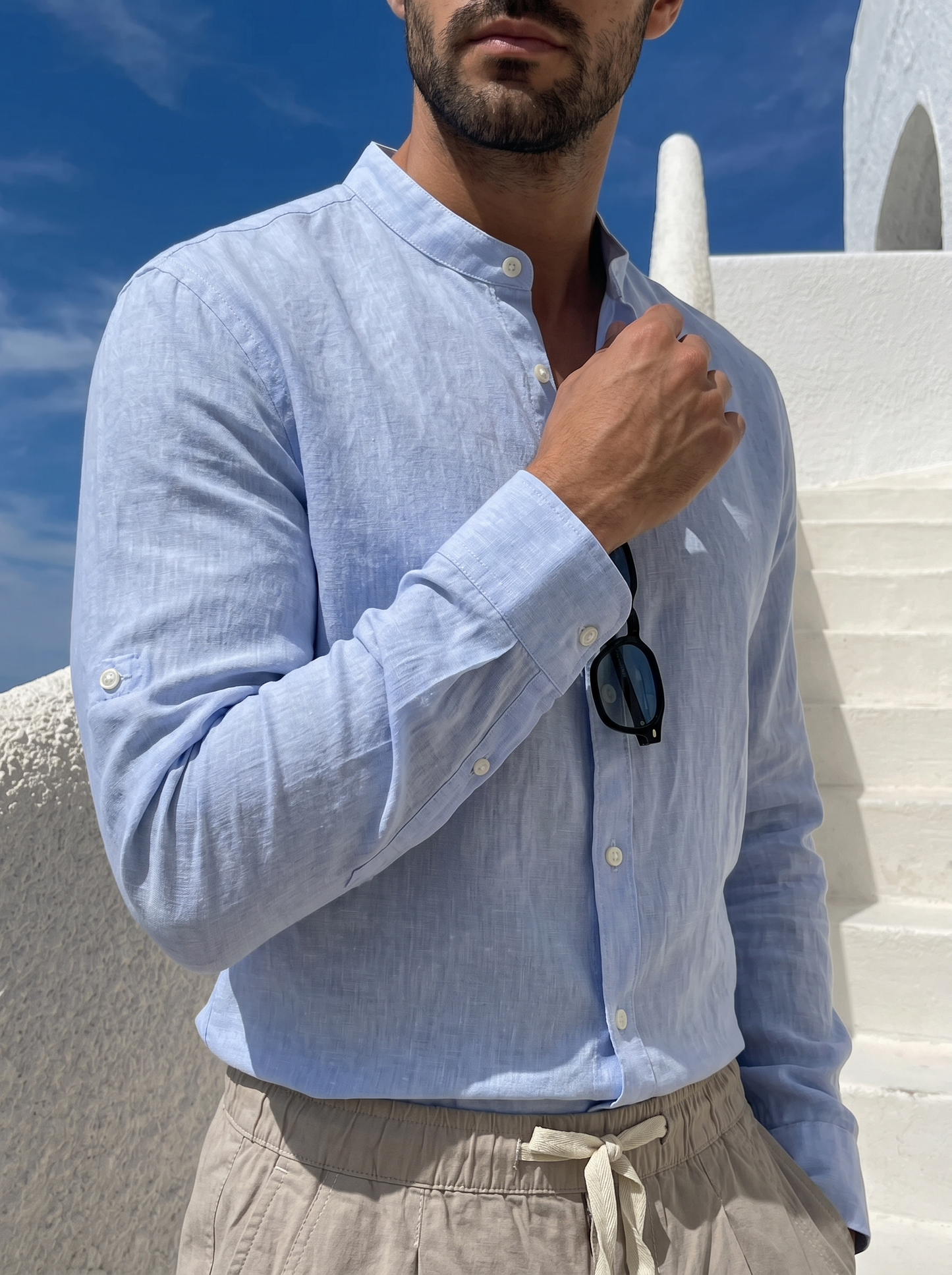Camicia coreana in puro lino leggero - Celeste polvere