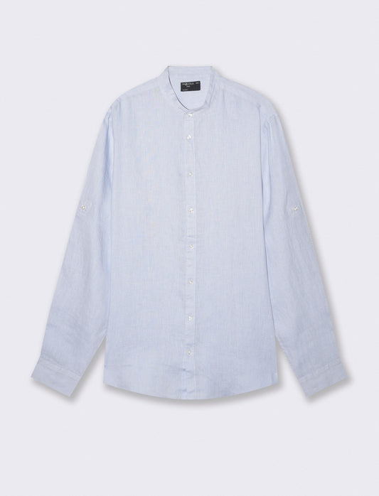 Camicia coreana in puro lino leggero - Celeste polvere