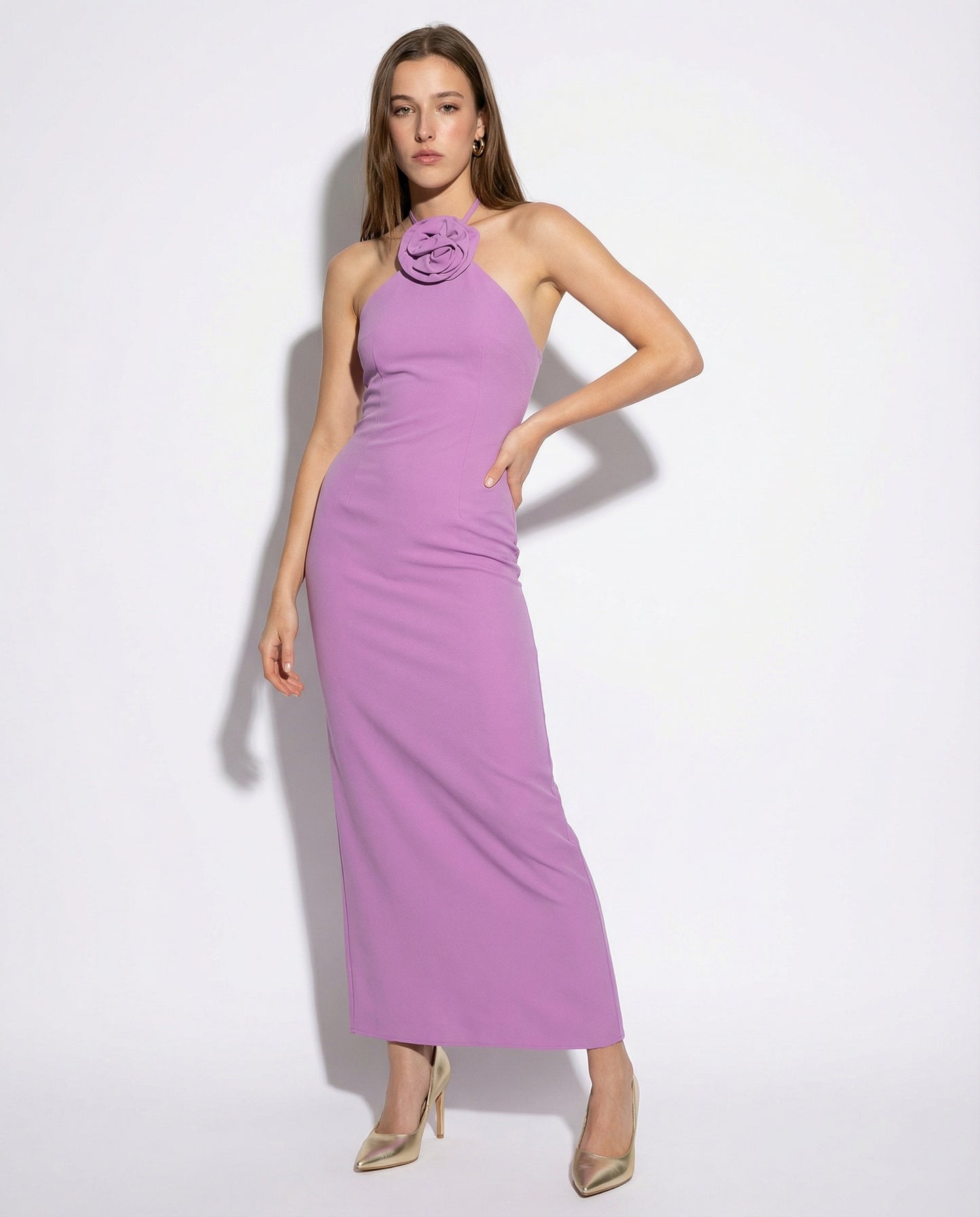 Vestito lungo con spalline e fiore decorativo - Viola orchidea