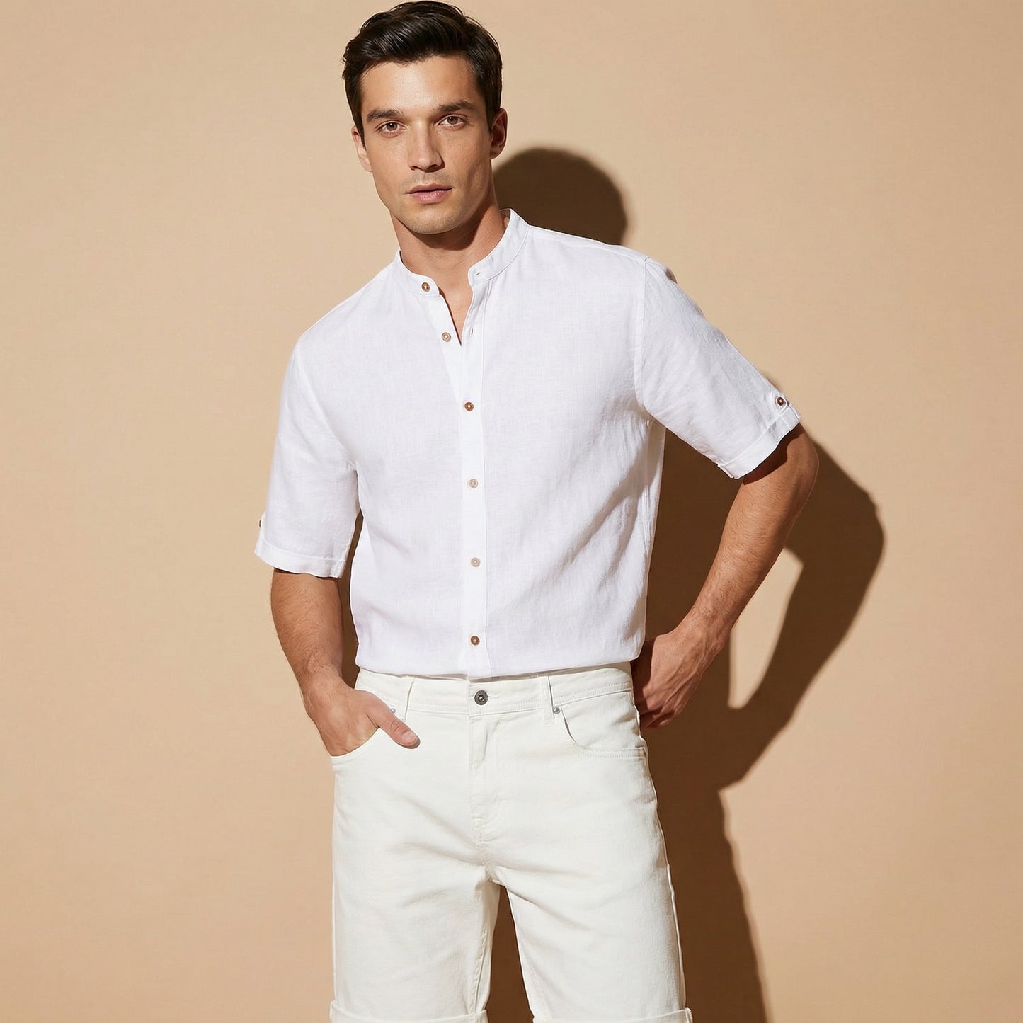 Camicia coreana manica corta in lino - Bianco