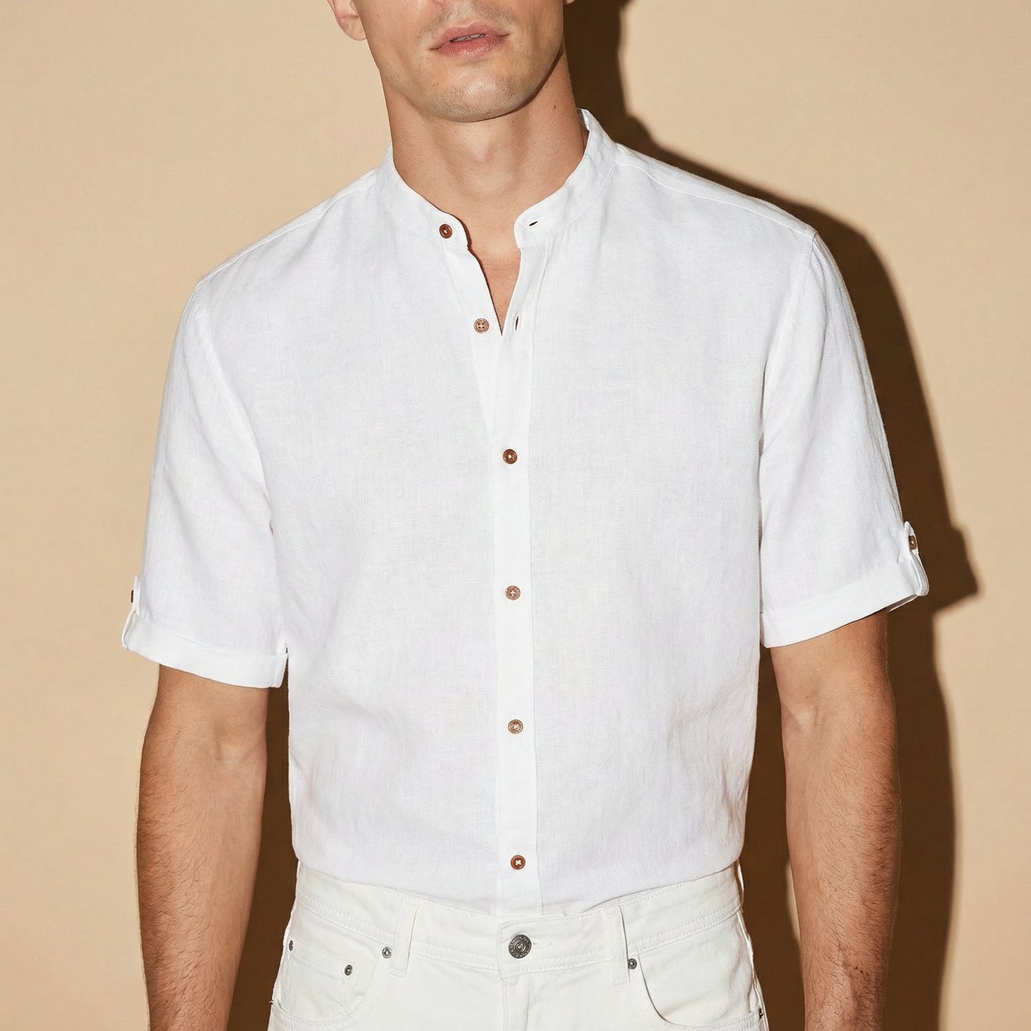 Camicia coreana manica corta in lino - Bianco