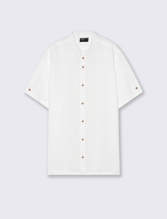 Camicia coreana manica corta in lino - Bianco