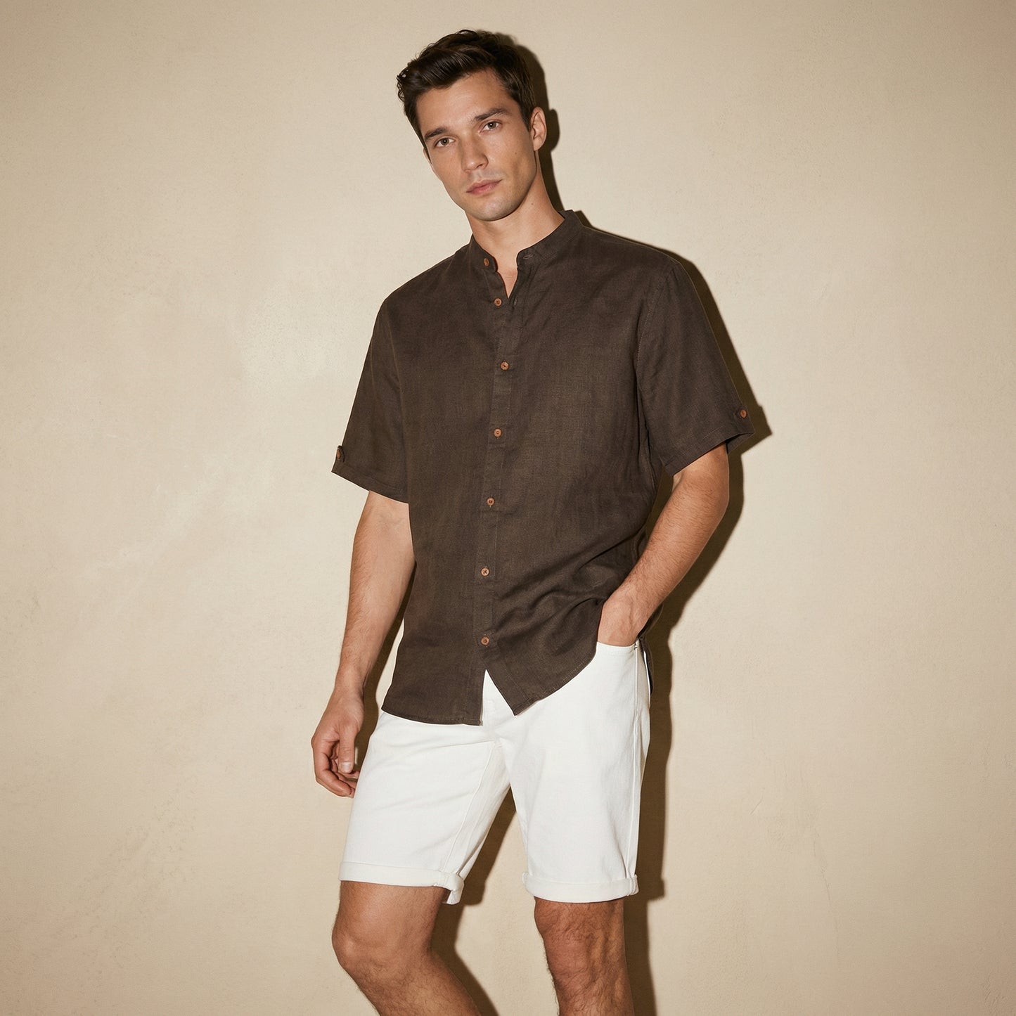 Camicia coreana manica corta in lino - Moro