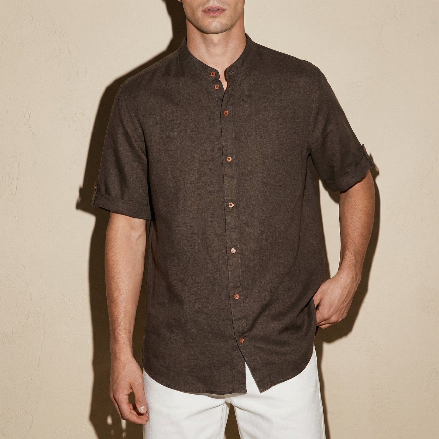 Camicia coreana manica corta in lino - Moro