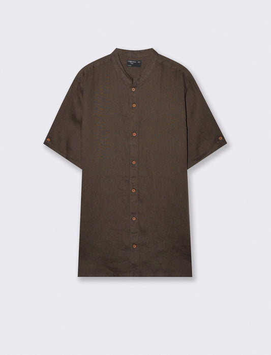 Camicia coreana manica corta in lino - Moro