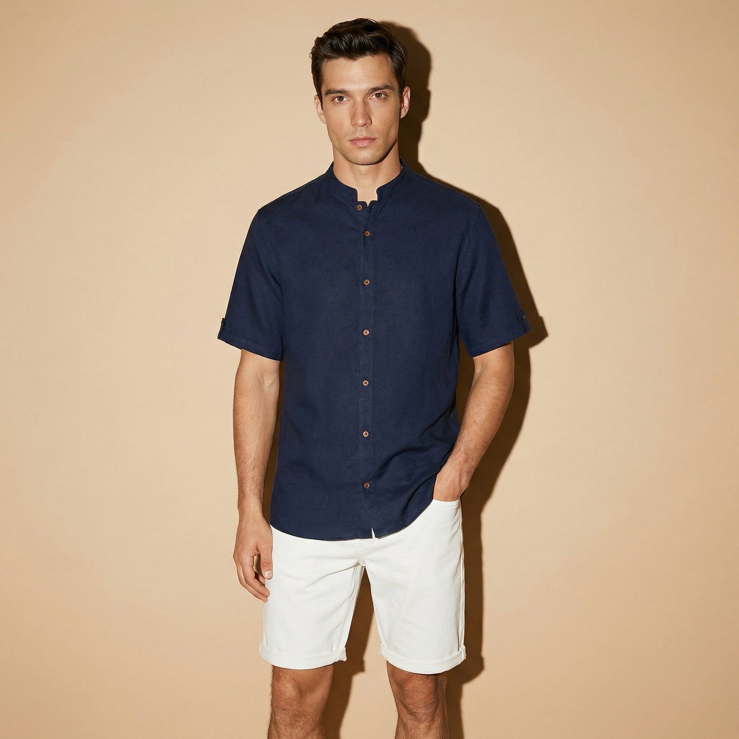Short Sleeve Korean Linen Shirt - Blue