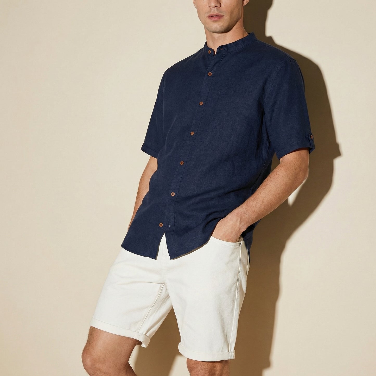Short Sleeve Korean Linen Shirt - Blue