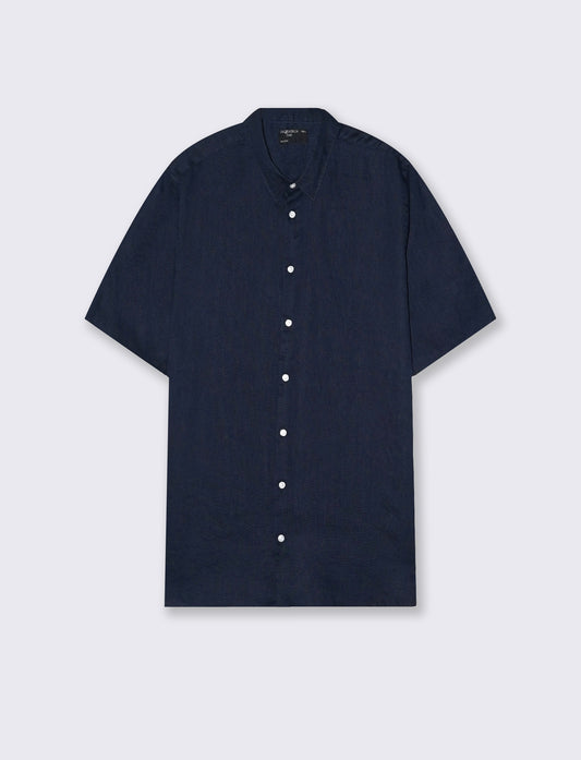 Camicia Lino Manica Corta Regular Fit - Blu