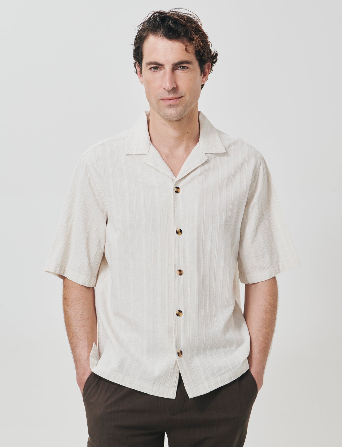 Camicia boxy fit in cotone lino jacquard - Beige ecru