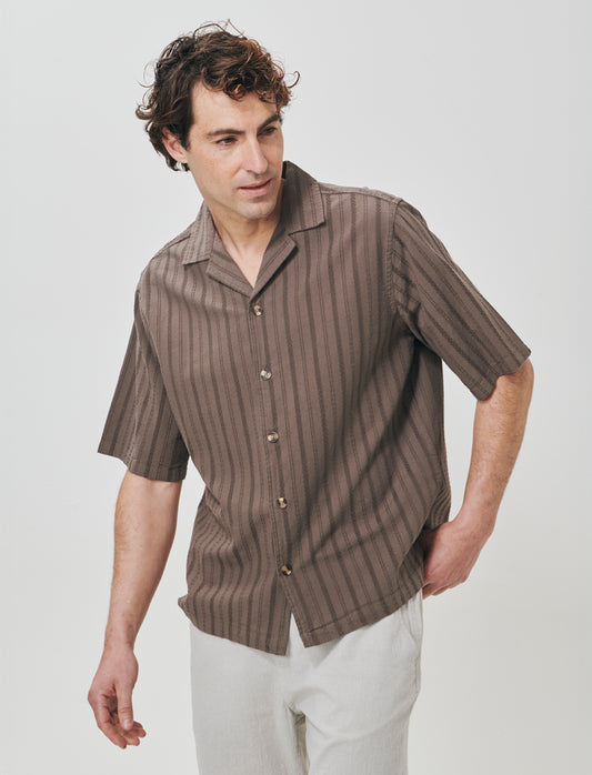 Camicia boxy fit in cotone lino jacquard - Grigio fango