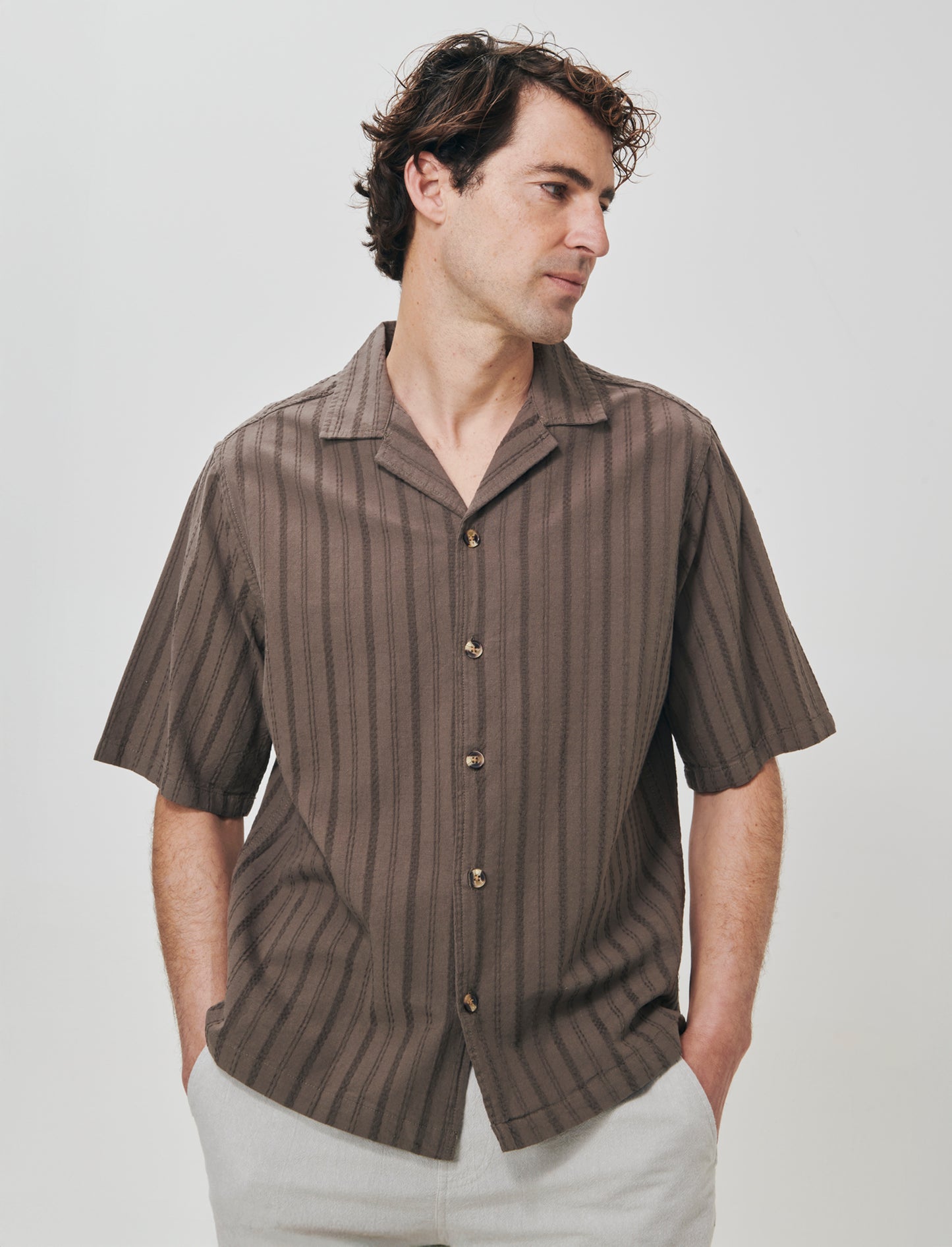 Camicia boxy fit in cotone lino jacquard - Grigio fango