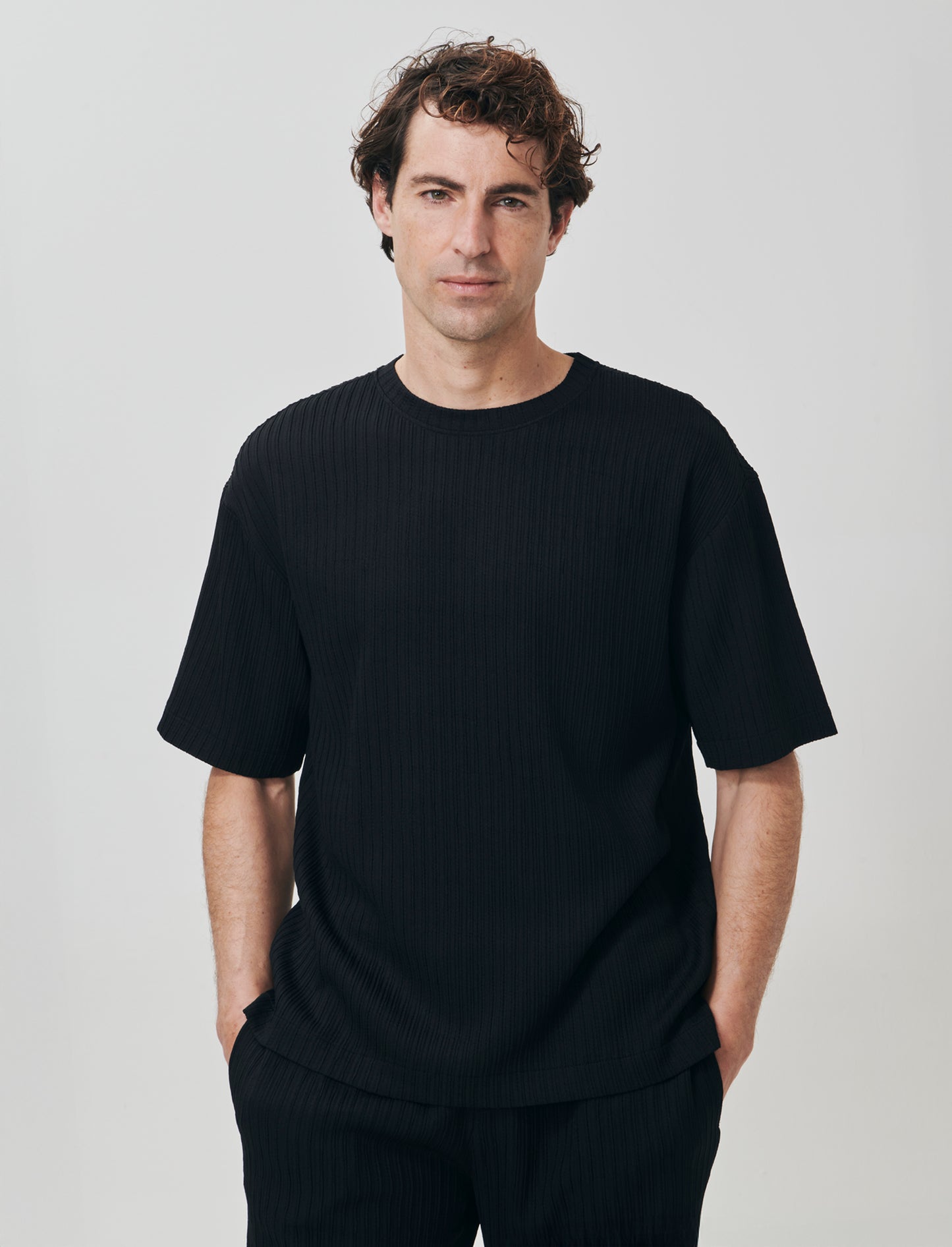 T-shirt jacquard relaxed fit plissettata - Nero