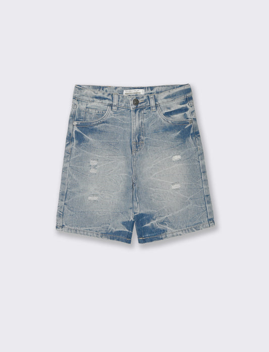 Bermuda in denim con rotture frontali - Denim chiaro