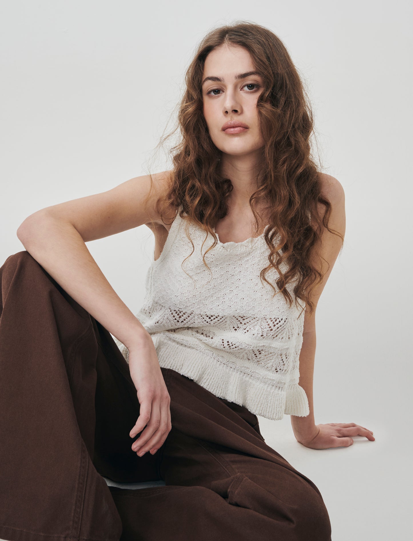 Top in Crochet con Fondo Effetto Balza - Bianco