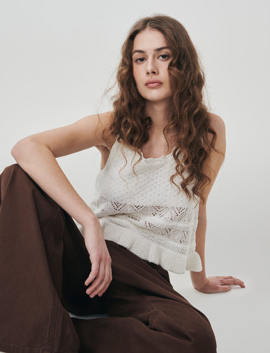 Top in Crochet con Fondo Effetto Balza - Bianco