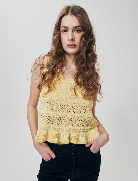 Top in Crochet con Fondo Effetto Balza - Giallo pastello