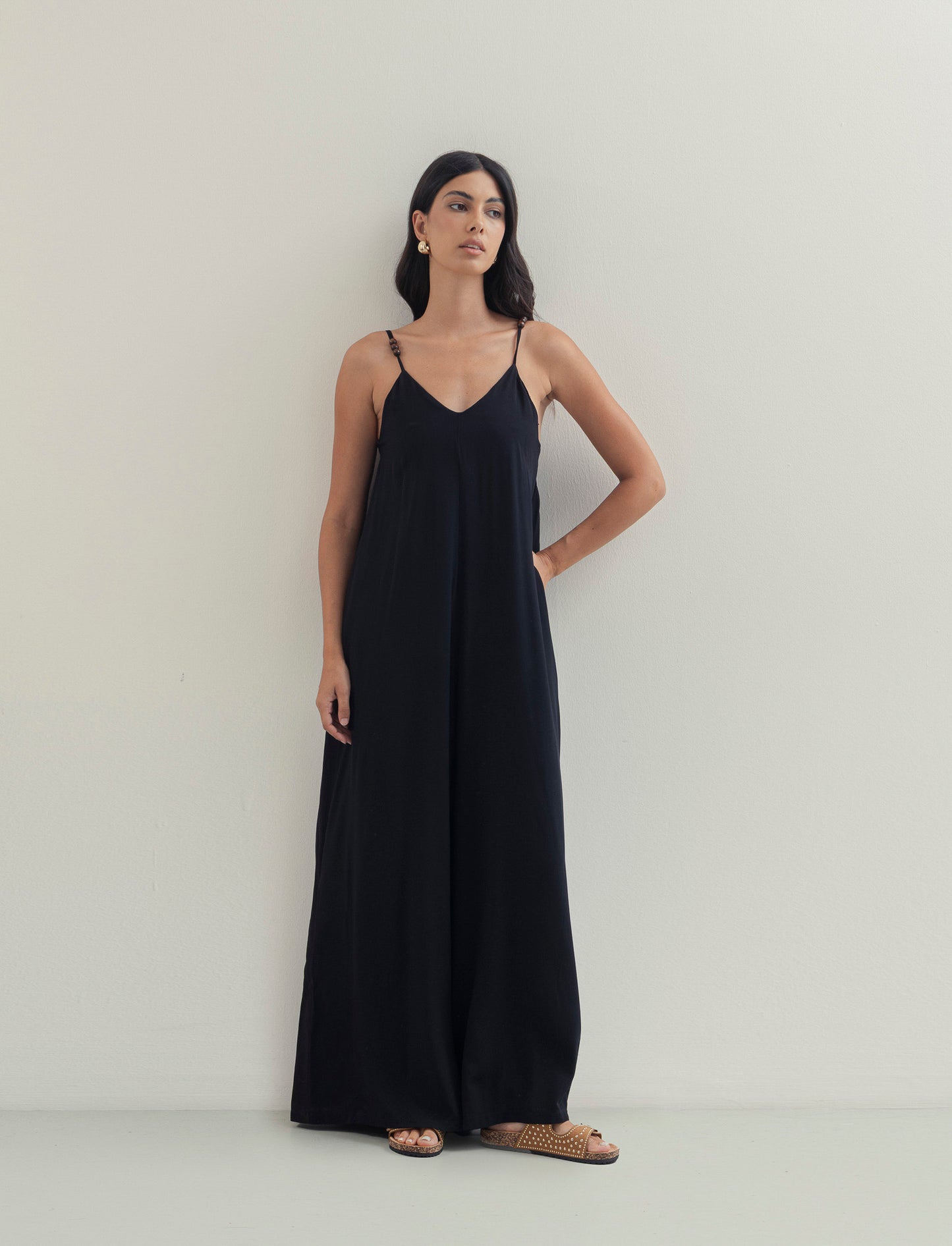 Vestito lungo in viscosa con bretelle - Nero