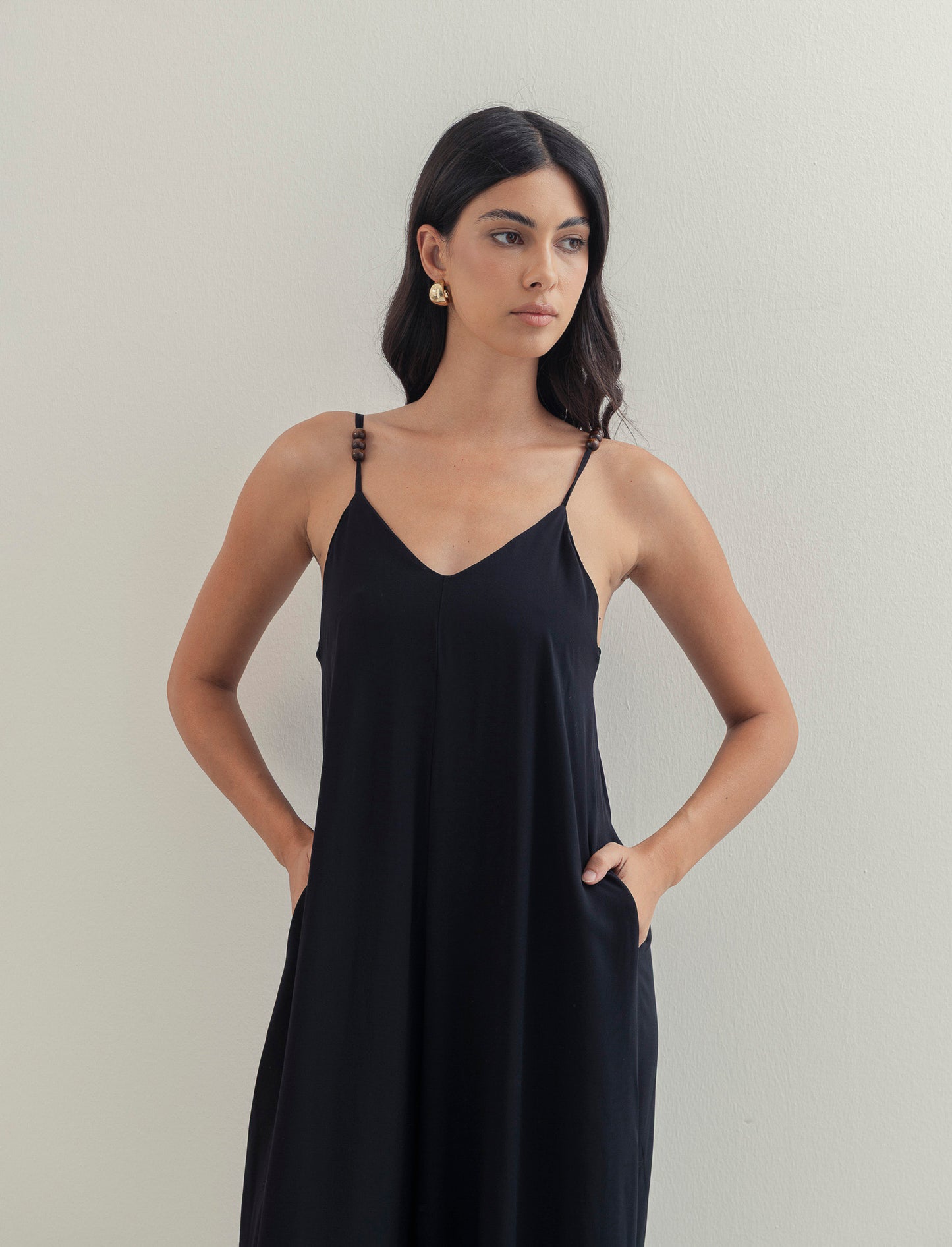 Vestito lungo in viscosa con bretelle - Nero