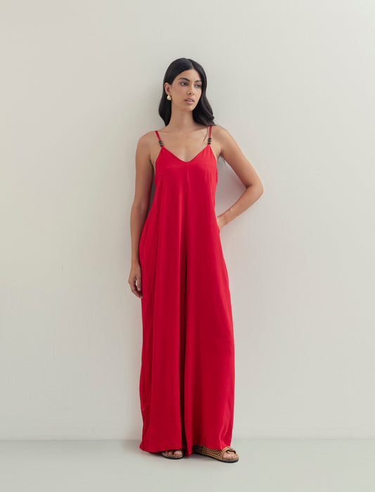 Vestito lungo in viscosa con bretelle - Rosso