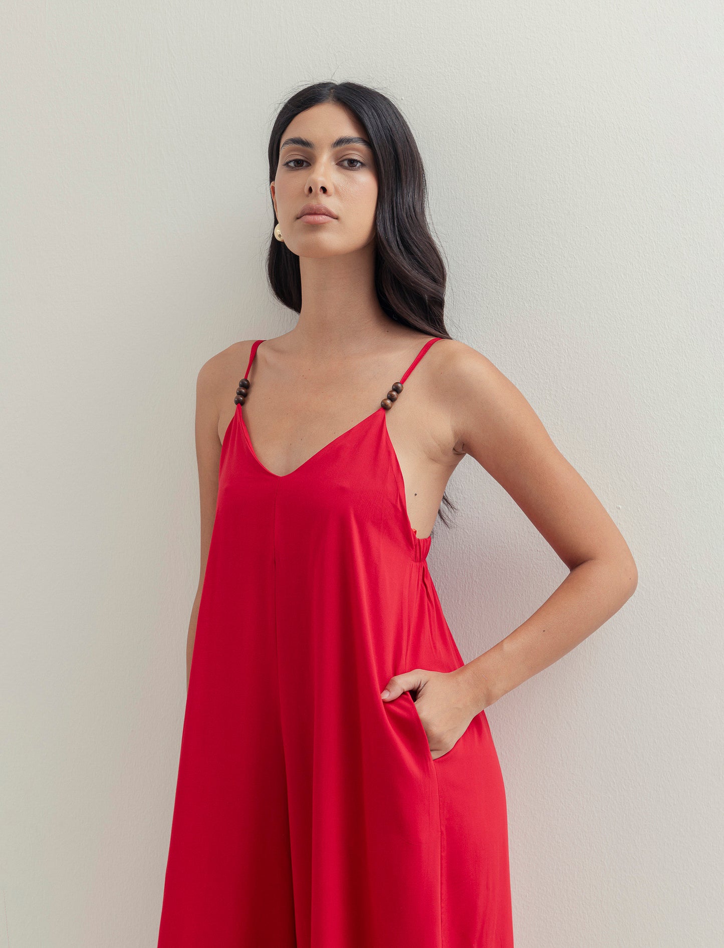 Vestito lungo in viscosa con bretelle - Rosso