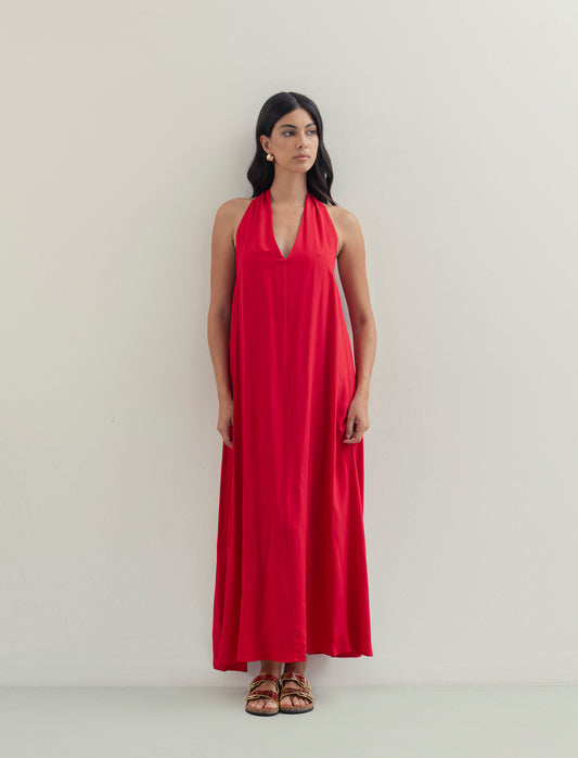 Vestito lungo in viscosa con incrocio sulla schiena - Rosso