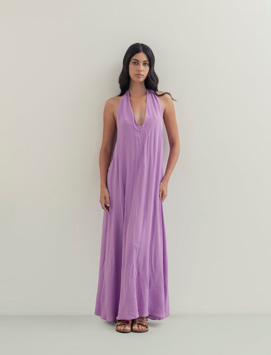 Vestito lungo in viscosa con incrocio sulla schiena - Lilla