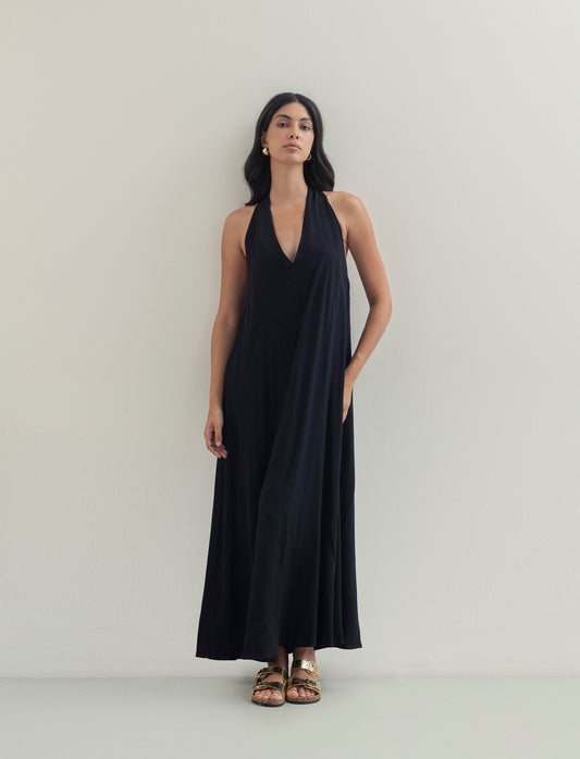 Vestito lungo in viscosa con incrocio sulla schiena - Nero
