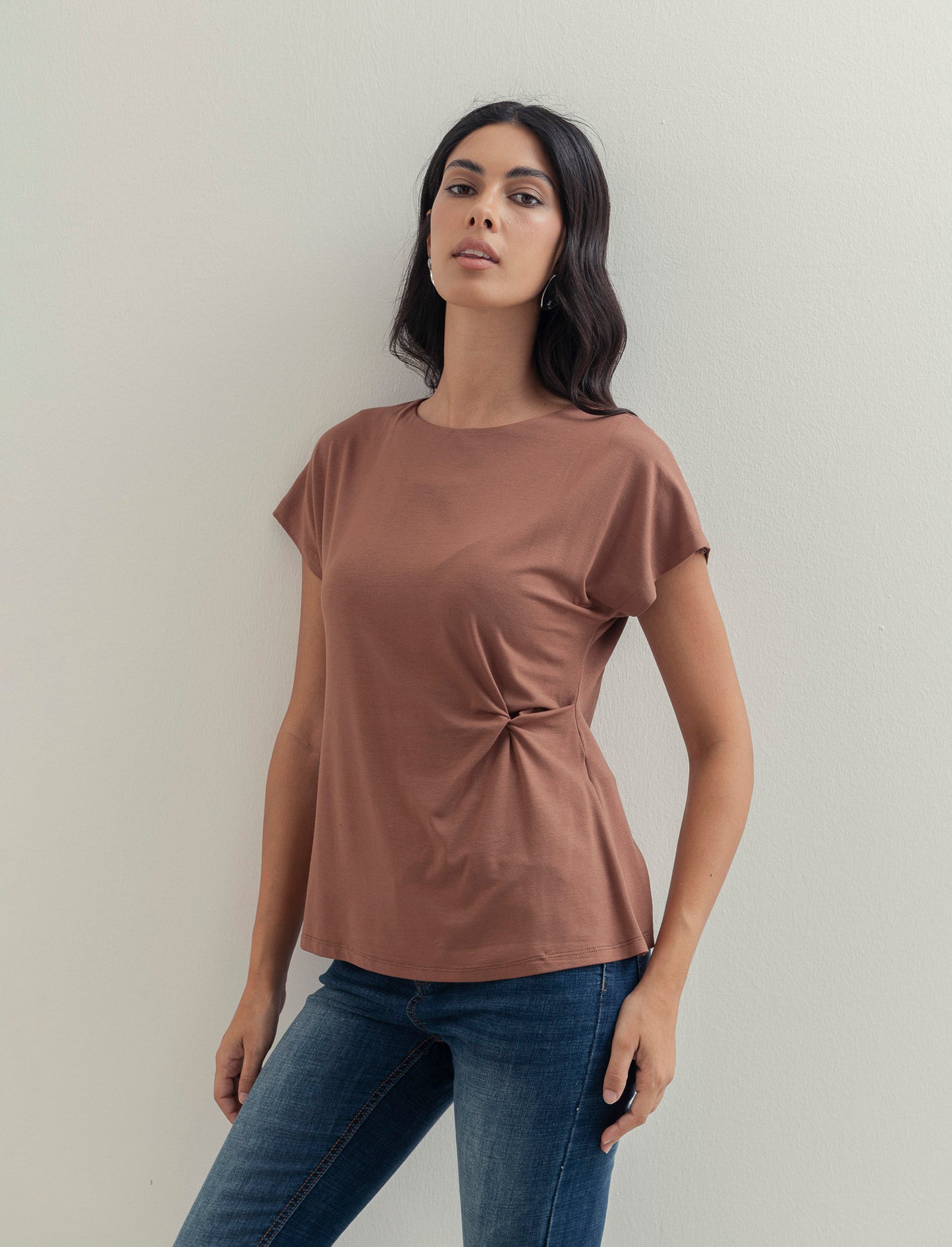 Tshirt con nodo in viscosa - Marrone tabacco