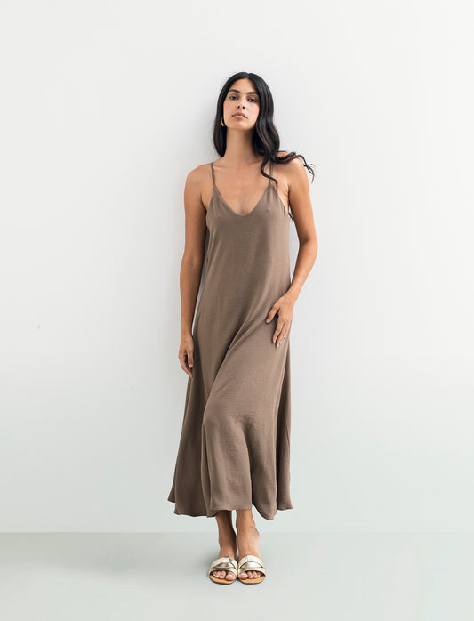 Vestito lungo con bretelline - Cacao
