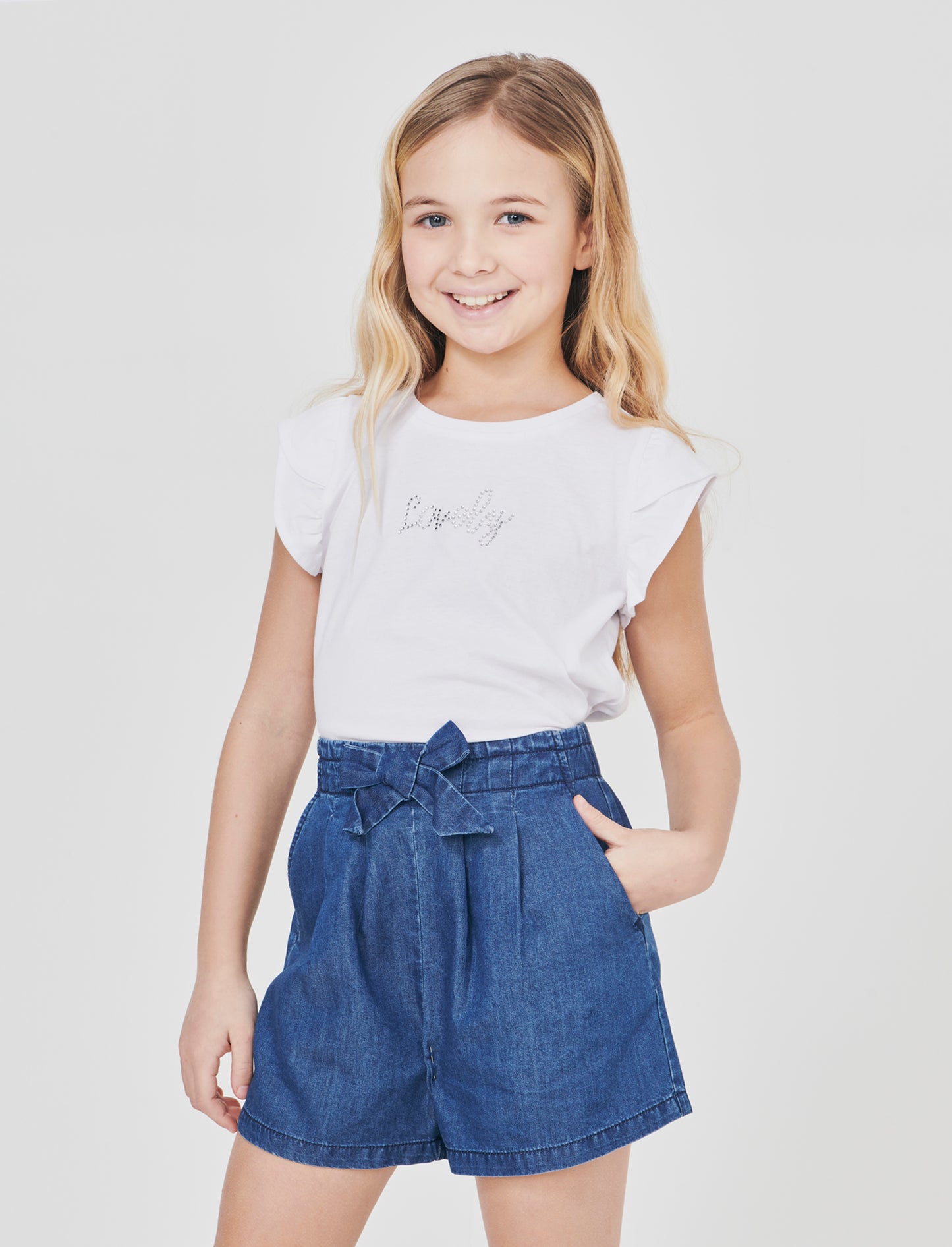 T-shirt con strass e manica volant - Bianco