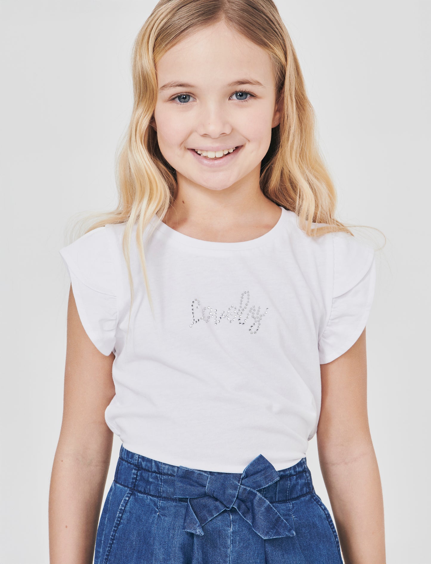 T-shirt con strass e manica volant - Bianco
