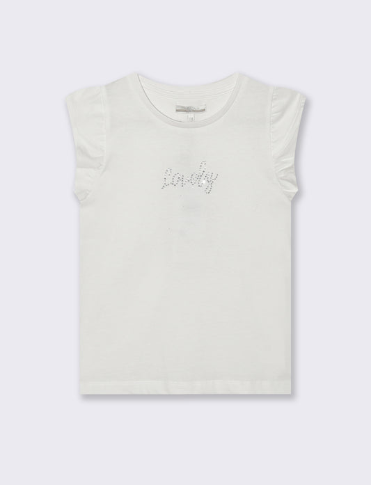 T-shirt with rhinestones and ruffled sleeves - White
